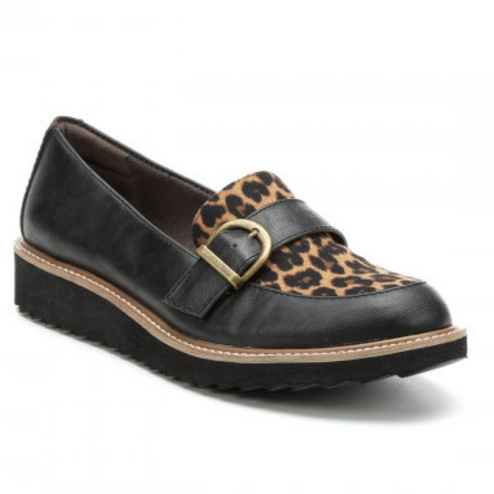 EUROSOFT Black/Animal Print Leather Buckle Loafers